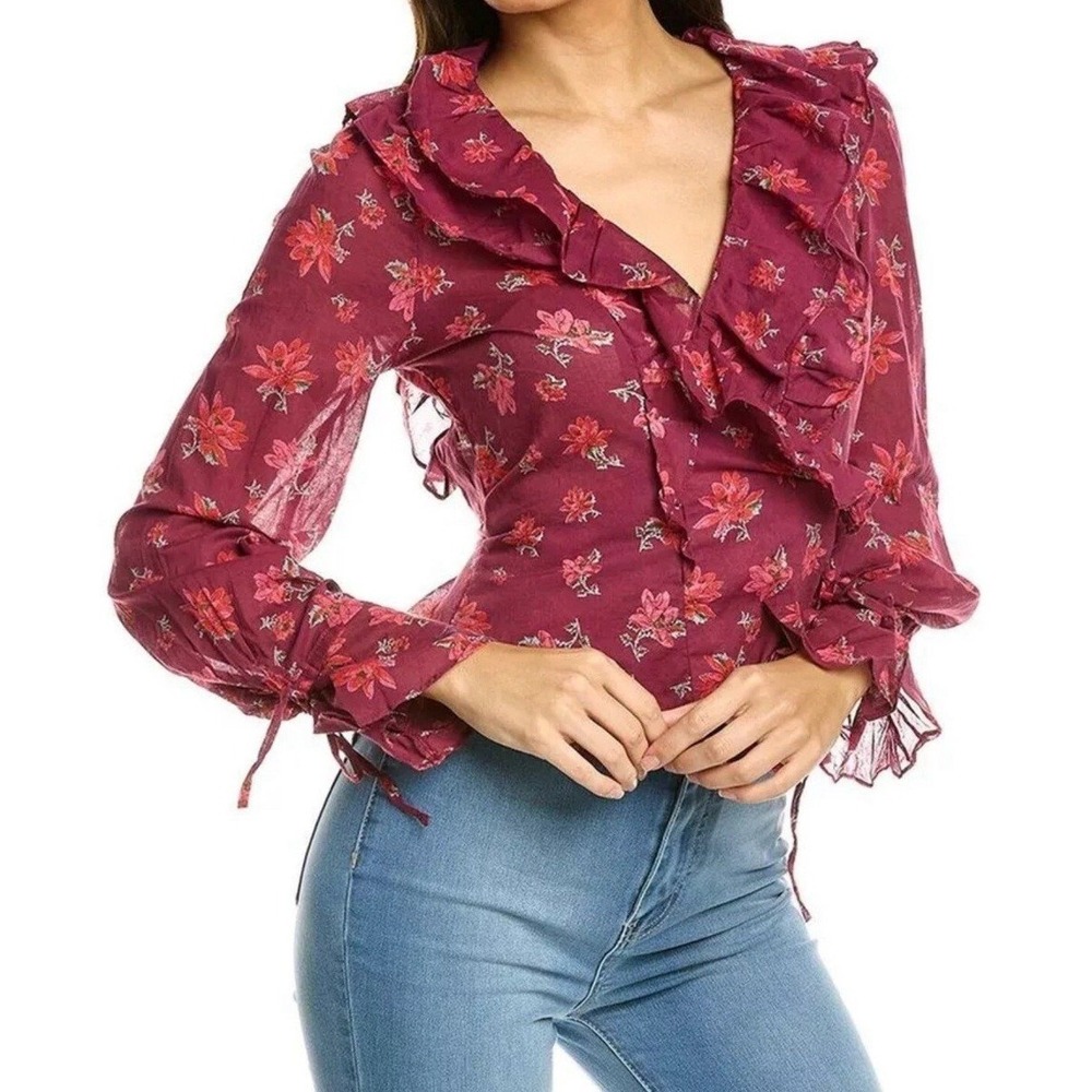 Free People Amanda Ruffle Wrap Top Size XS Pink Floral Bell Long Sleeve Cotton‎
